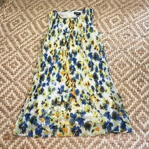 DKNY Sleeveless Pleated Floral Midi Dress in Blue, Yellow & Green